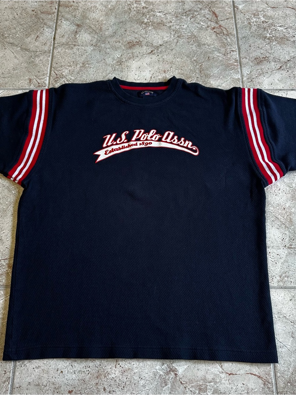 Vintage U.S. Polo Assn. Navy Short Sleeve Tee with Red and White Stripe Sleeves